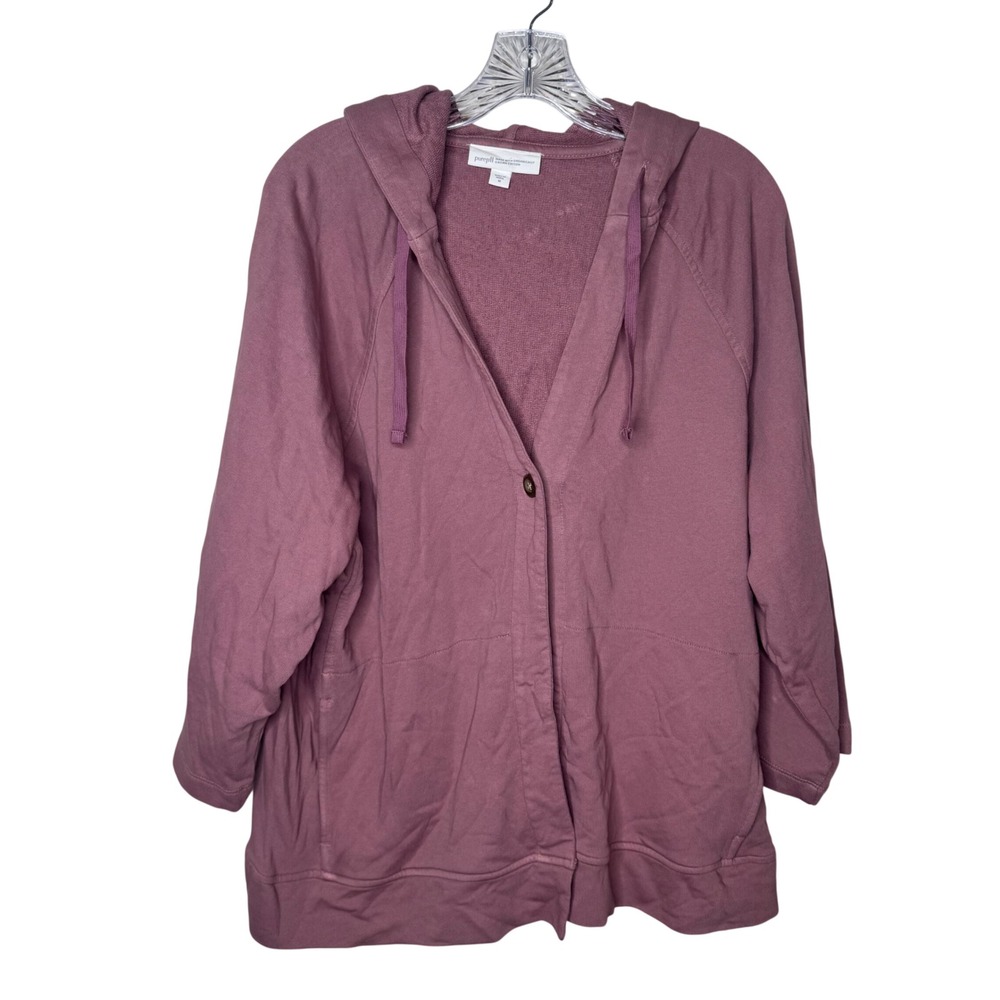 Pure Jill Womens Organic Cotton Mauve‎ Button Front Hooded Cardigan Sweatshirt M